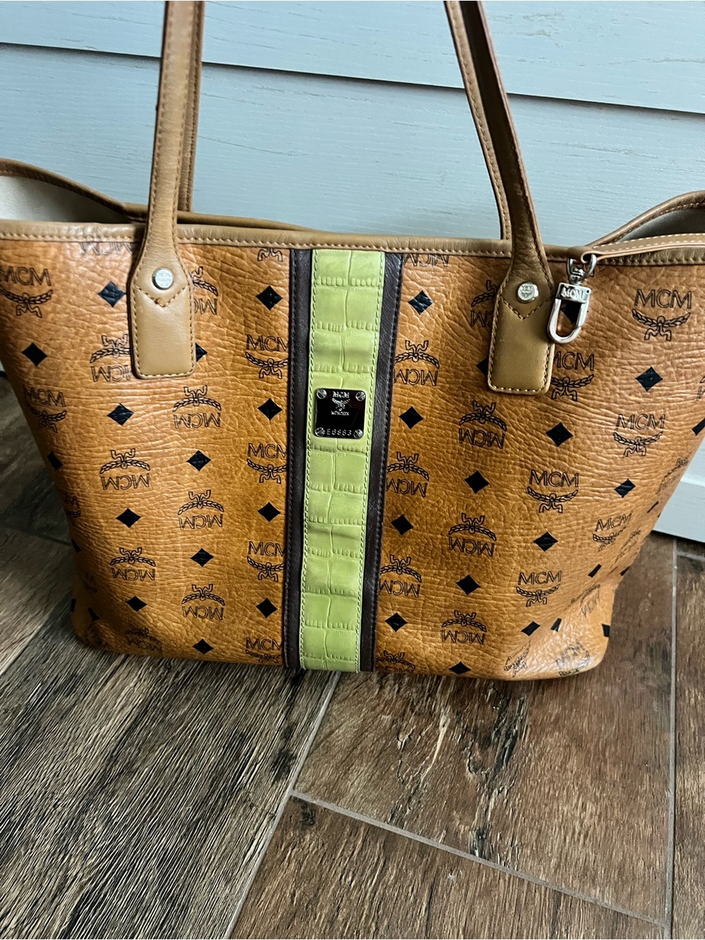 MCM Cognac Visetos Liz Shopper Tote Green Stripe Limited Edition